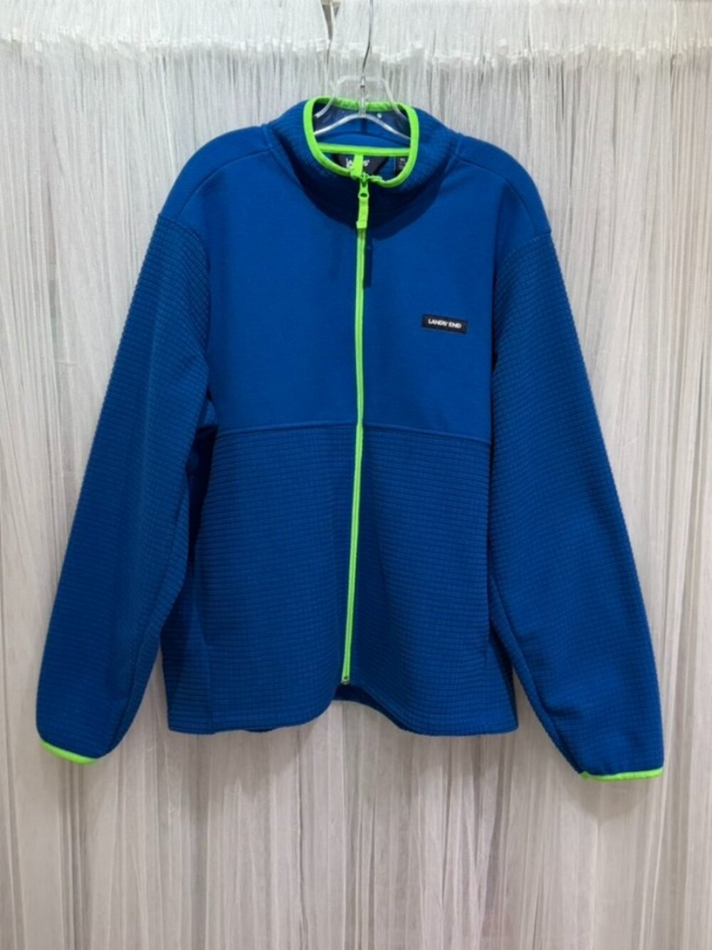 Lands' End Men's XL Full Zip Fleece Jacket Blue Lime Green Grid Texture GORP